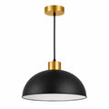 Matte black 30 cm dome pendant light with white interior, warm gold-tone metal accents, black cord, and ceiling canopy.