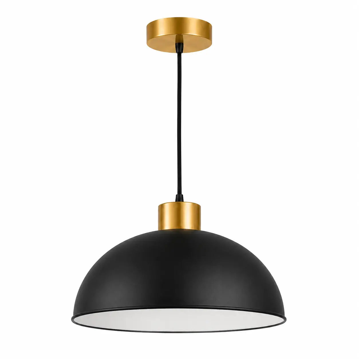 Matte black 30 cm dome pendant light with white interior, warm gold-tone metal accents, black cord, and ceiling canopy.
