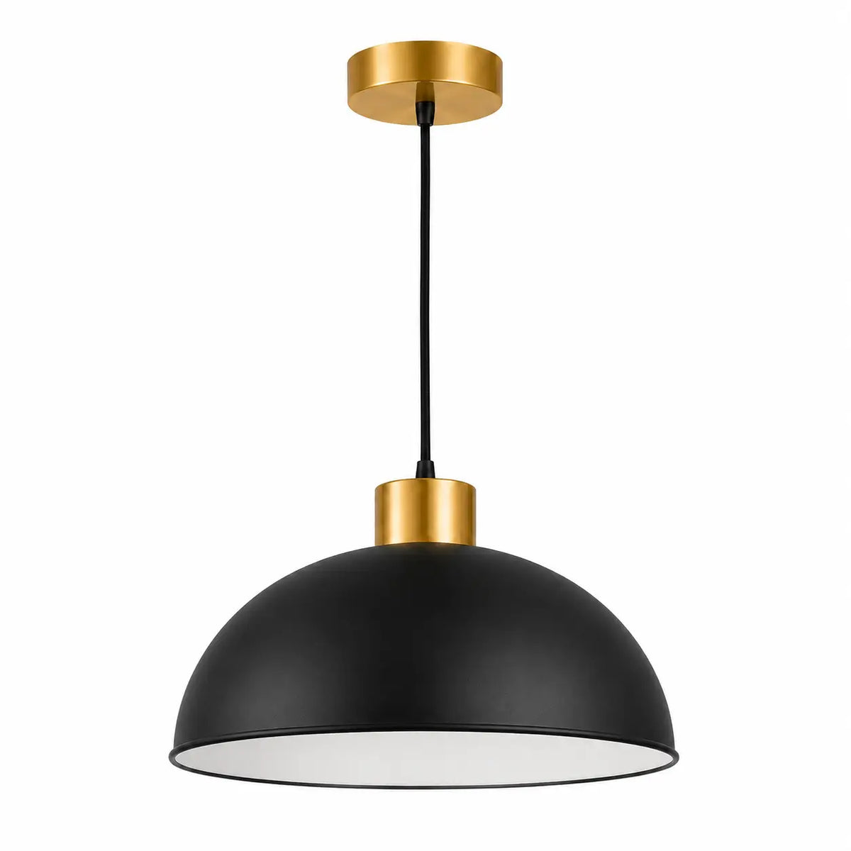 Matte black 30 cm dome pendant light with white interior, warm gold-tone metal accents, black cord, and ceiling canopy.