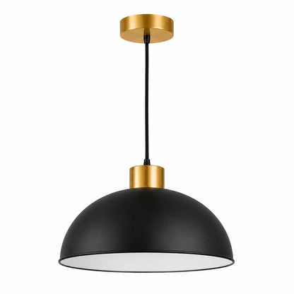 Matte black 30 cm dome pendant light with white interior, warm gold-tone metal accents, black cord, and ceiling canopy.