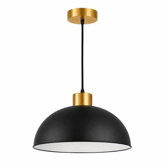 Matte black 30 cm dome pendant light with white interior, warm gold-tone metal accents, black cord, and ceiling canopy.