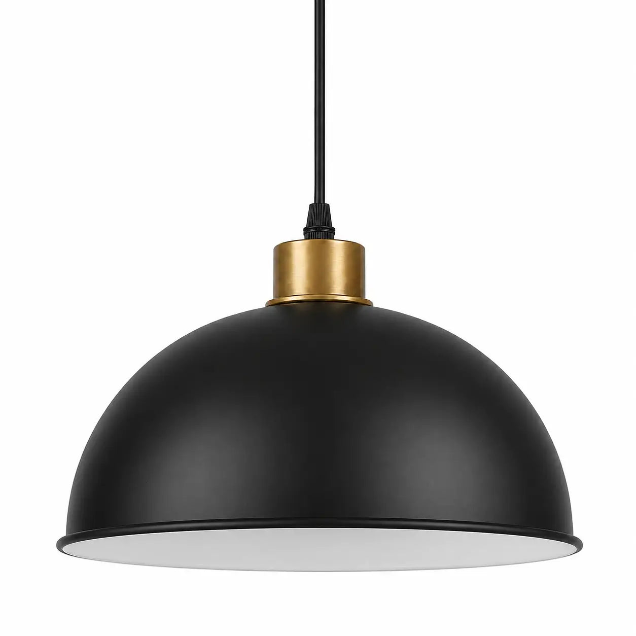 Close front view of the 40 cm matte black dome pendant shade with white interior and warm gold-tone top accent.