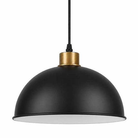 Close front view of the 40 cm matte black dome pendant shade with white interior and warm gold-tone top accent.
