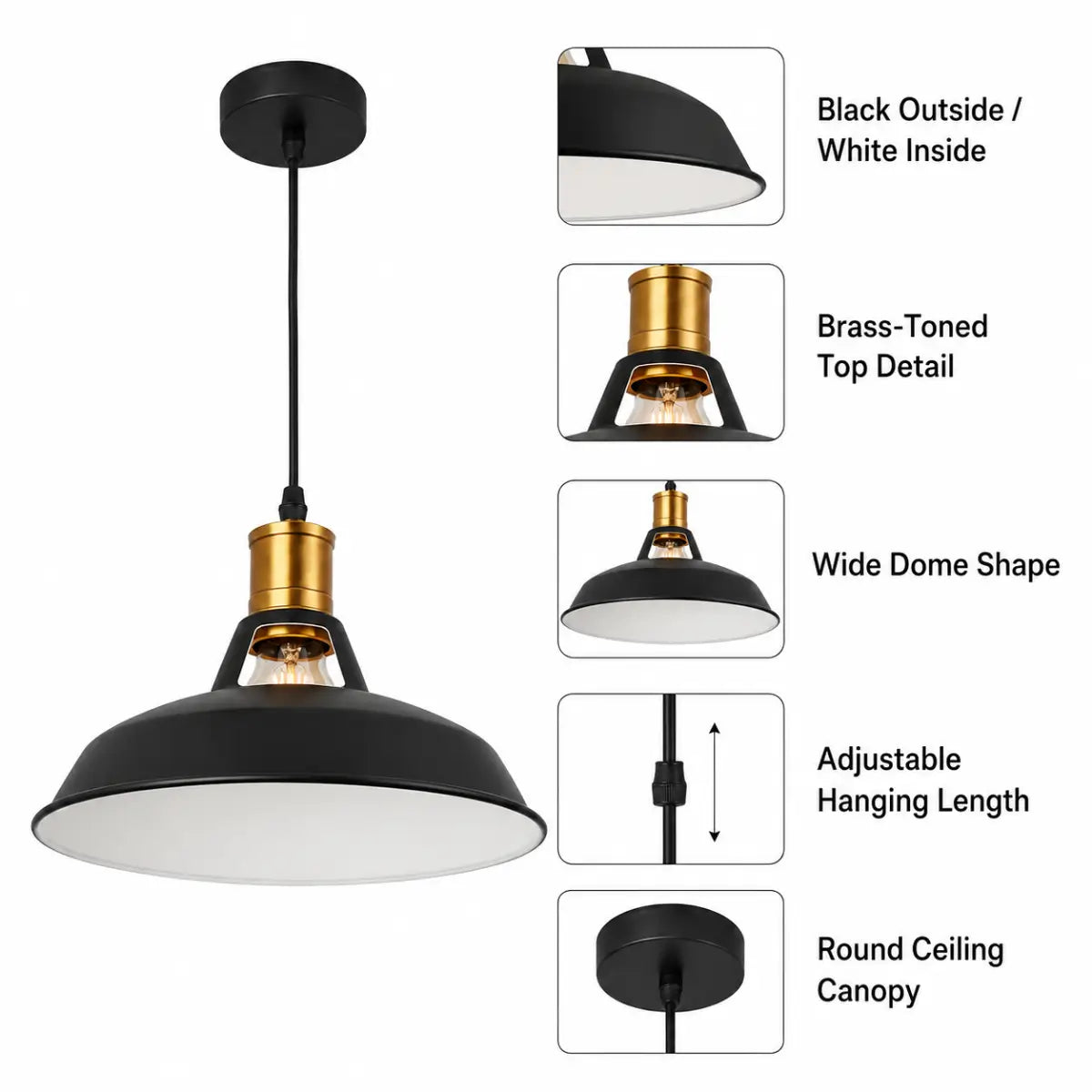 Feature graphic highlighting the black exterior, white interior, brass-toned top detail, dome shade, cord, and round canopy.