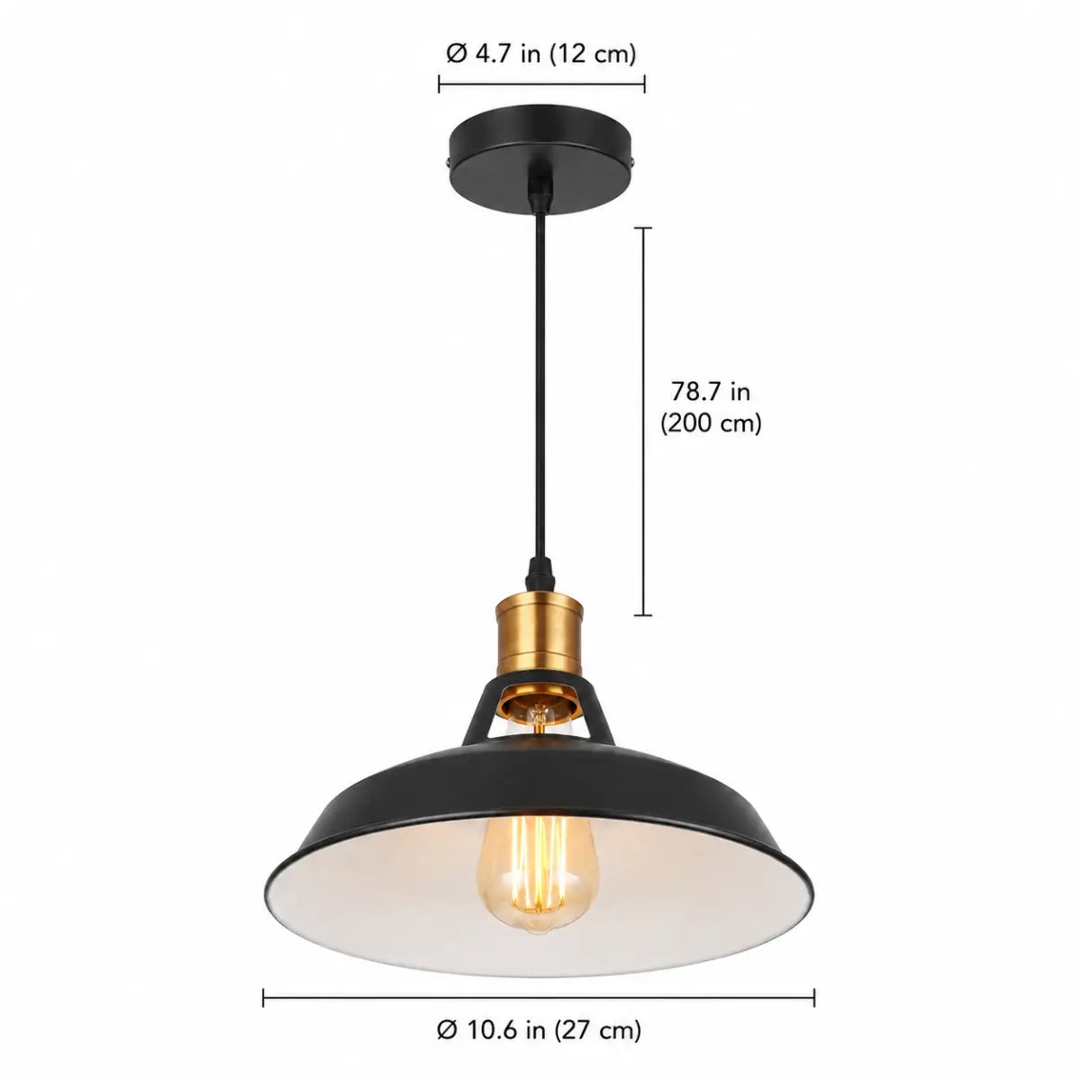 Dimension diagram of the black dome pendant light showing the shade, cord, and round ceiling canopy.