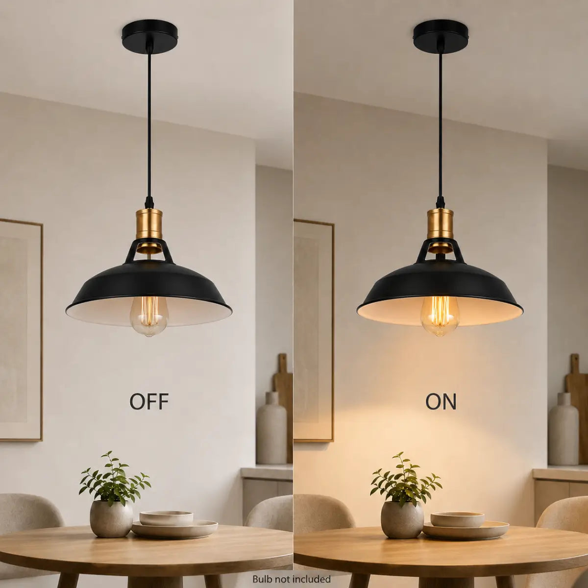 Side-by-side view of the black dome pendant light switched off and on above a dining table.