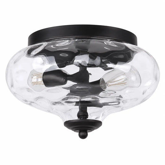 Black flush mount ceiling light with rippled clear glass shade and two exposed bulbs