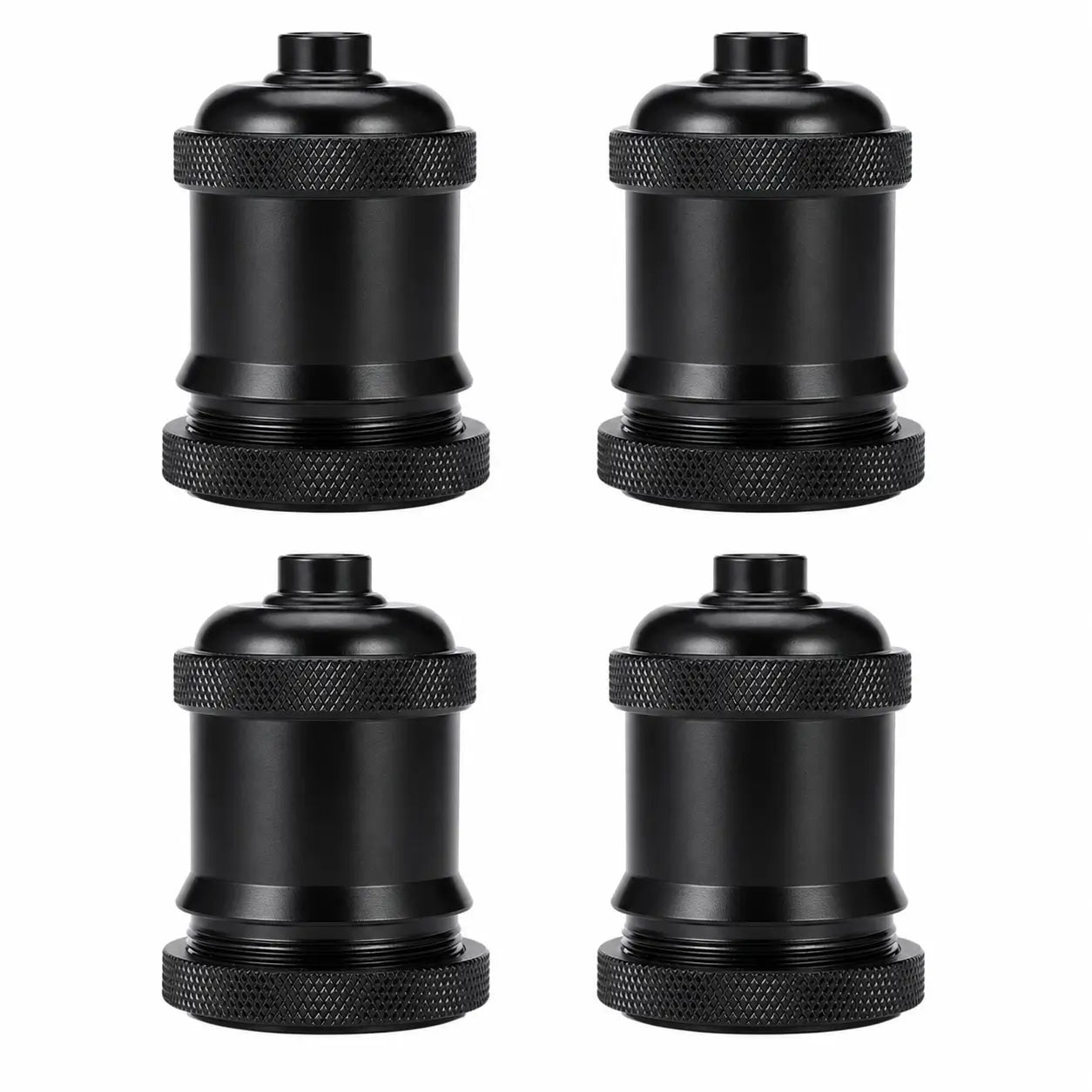 Four Black aluminum alloy DIY lamp sockets arranged in a two-by-two layout with matching diamond-knurled collars.