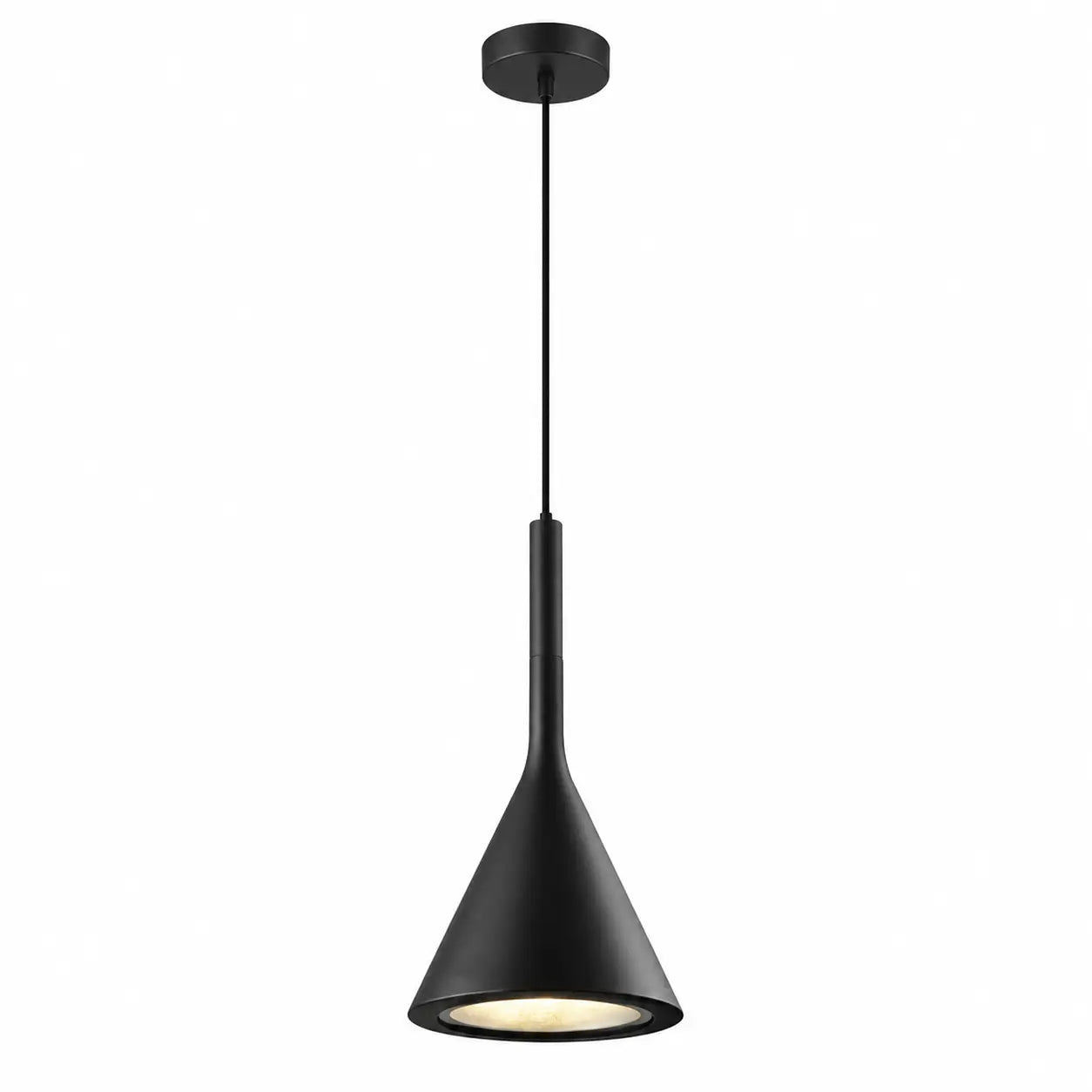 Black metal cone pendant light with a matching canopy and cord, shown illuminated against a white background.