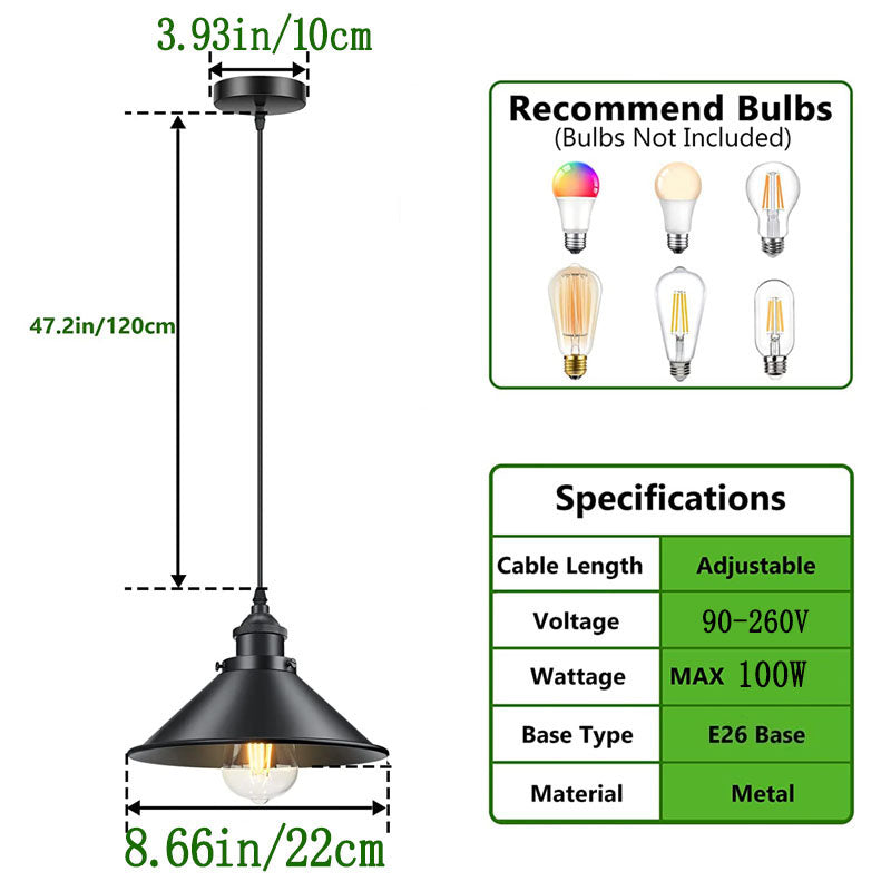 The size of the black pendant lighting.The size of the shade is 8.66".The length of cable is 47.2"