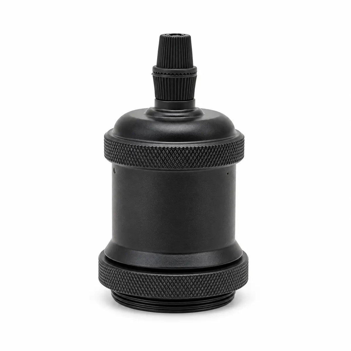Front view of a matte black vintage lamp socket featuring a cylindrical housing, matching black top cap, and threaded lower section.