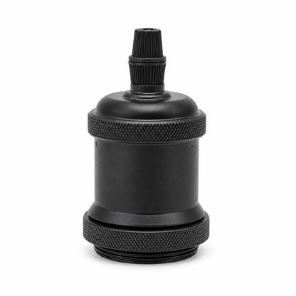 Front view of a matte black vintage lamp socket featuring a cylindrical housing, matching black top cap, and threaded lower section.