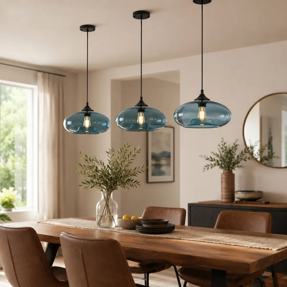 Three blue oval glass pendant lights arranged above a long wood dining table.