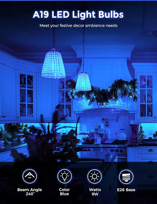 A19 blue LED light bulbs creating festive kitchen ambiance with wide beam angle.