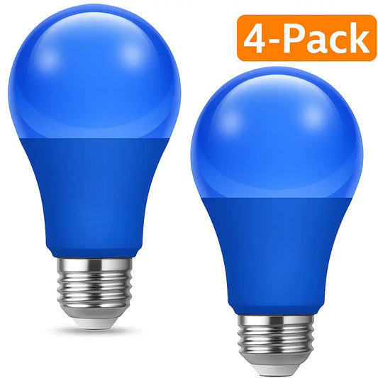 Blue A19 LED light bulbs 4-pack with E26 base for decorative lighting.