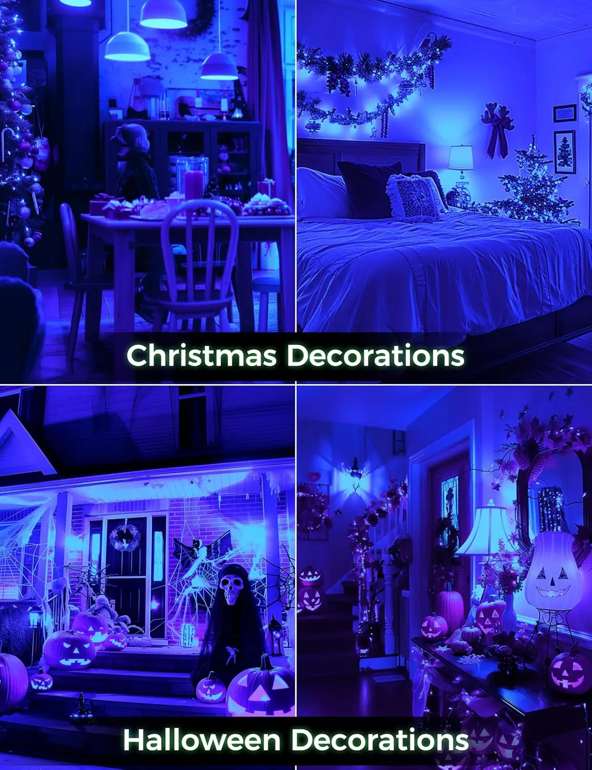 Blue LED bulbs used for Christmas and Halloween decorations indoors and outdoors.