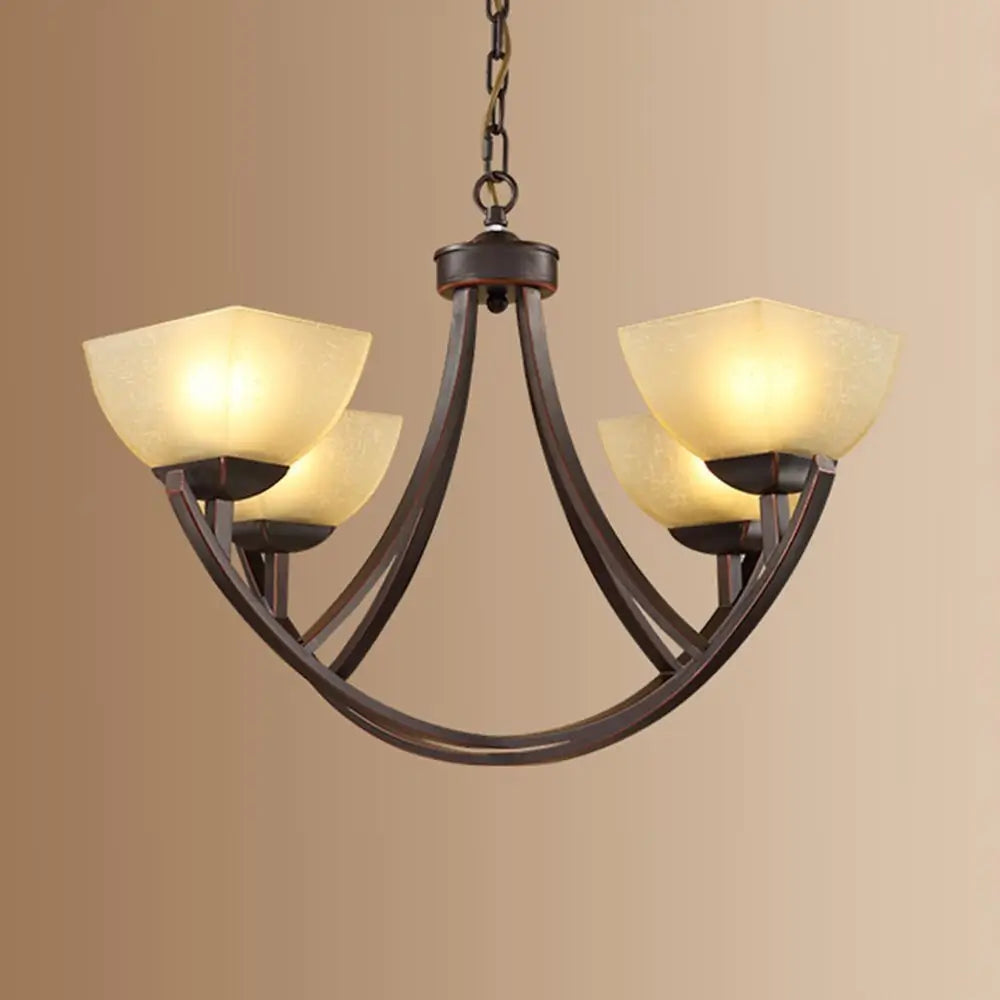 4-light modern bronze chandelier with square frosted glass shades.