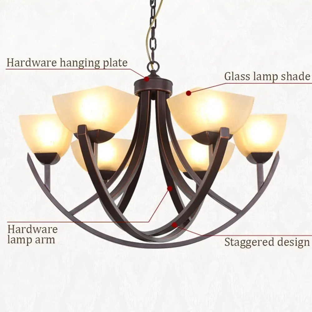 Chandelier details showing hardware arms, hanging plate, and glass shades.