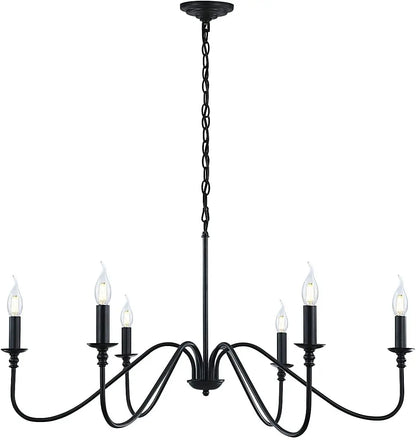 A classic black 6-light chandelier with exposed bulb bases and a simple chain suspension.