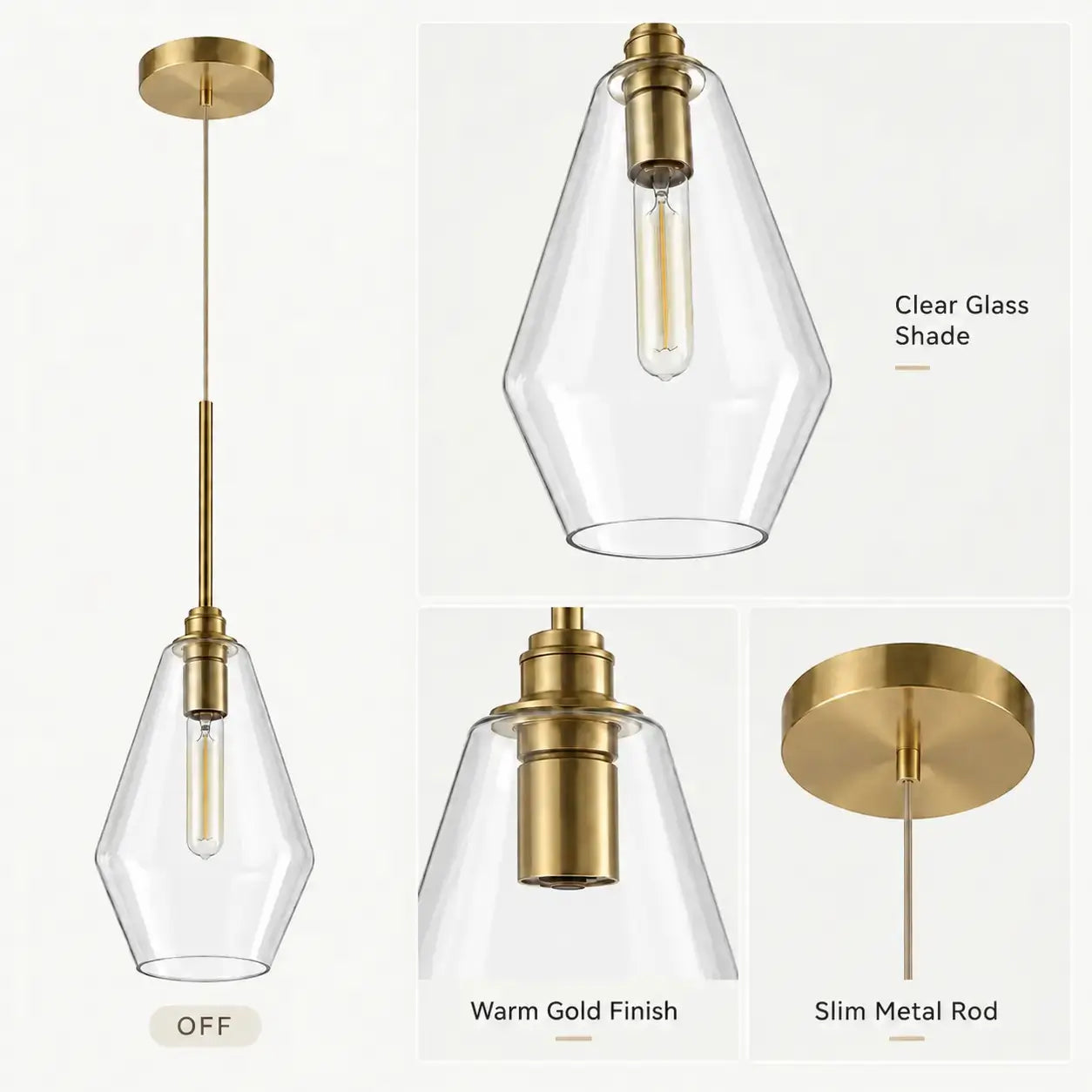 Detail views of the geometric clear glass shade, warm gold metal fixture, canopy, and slim suspension rod.