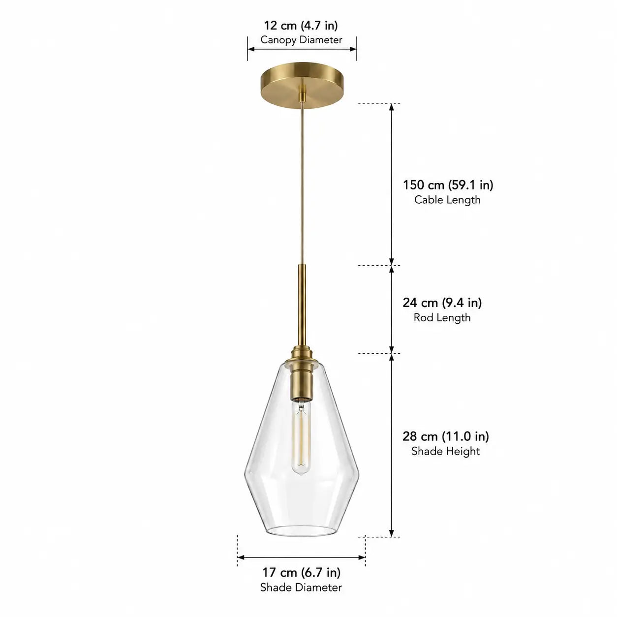 Clear glass pendant light dimensions with 17 cm shade, 28 cm shade height, 150 cm cable, and 12 cm canopy.