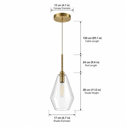 Clear glass pendant light dimensions with 17 cm shade, 28 cm shade height, 150 cm cable, and 12 cm canopy.