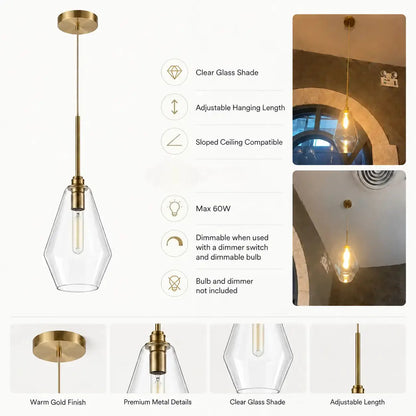 Feature graphic showing the clear glass shade, adjustable hanging length, sloped-ceiling compatibility, 60W maximum, and dimming compatibility.