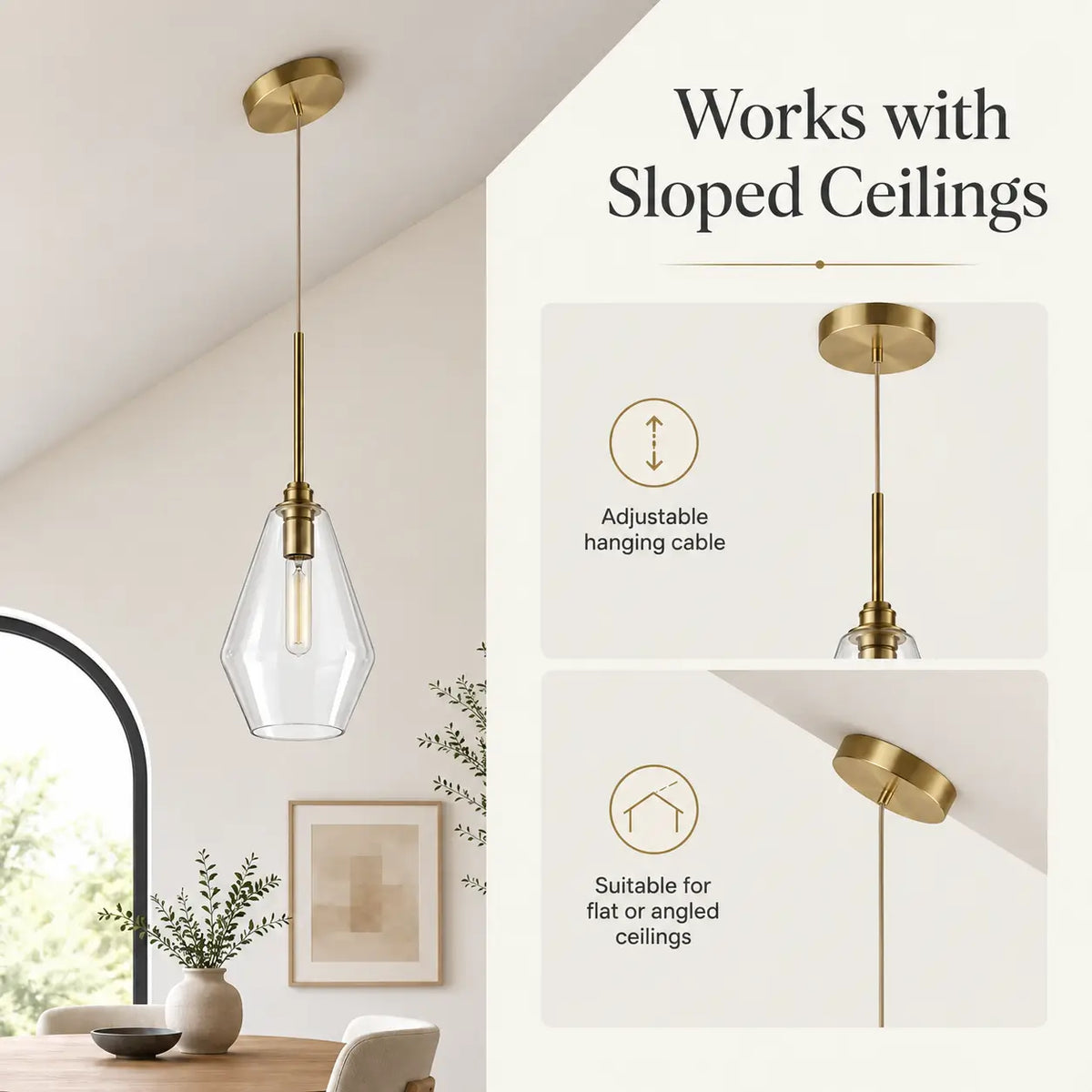 Clear glass pendant light shown with adjustable hanging cable and compatibility with flat and sloped ceilings.