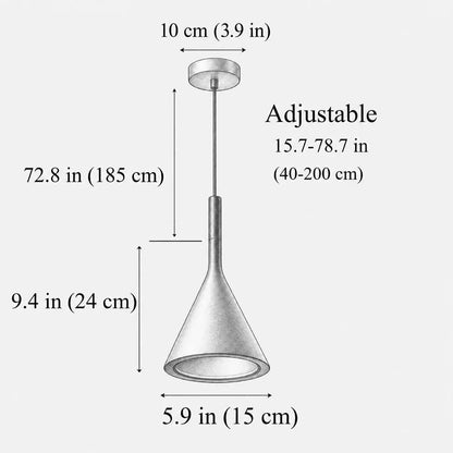 Cone pendant light dimensions with 15 cm width, 24 cm fixture height, 10 cm canopy, and adjustable 40–200 cm hanging length.