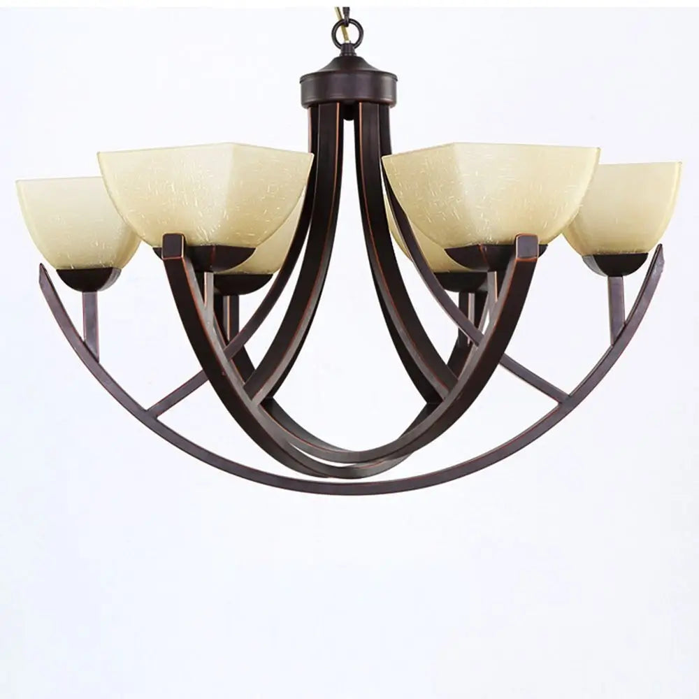 Front view of contemporary bronze chandelier with curved arms.