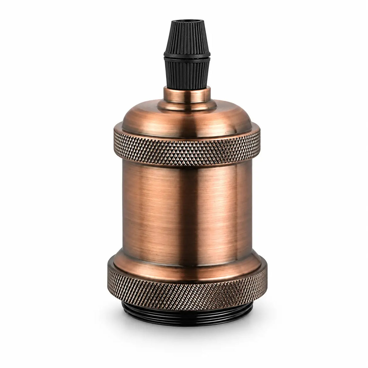 Single copper-toned vintage lamp socket with a warm reddish metallic appearance, textured grip rings, and a black ribbed top cap.