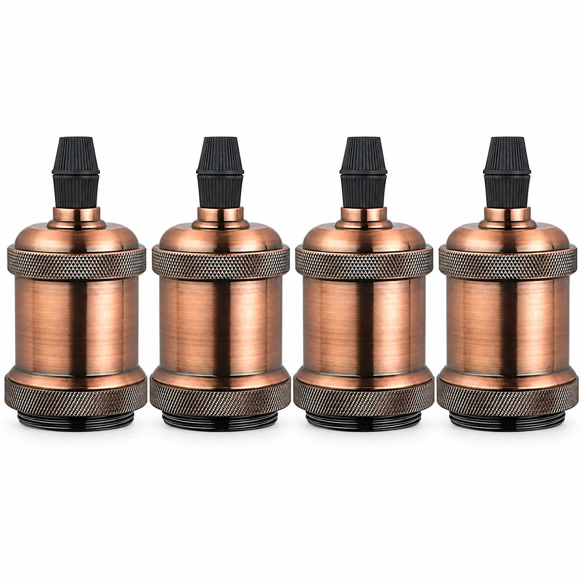 Four copper-toned vintage lamp sockets displayed in a row, each with diamond-knurled rings, a cylindrical body, and a black ribbed top cap.