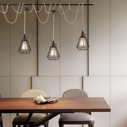 Rustic dining room with plug-in pendant lights and industrial cage shades