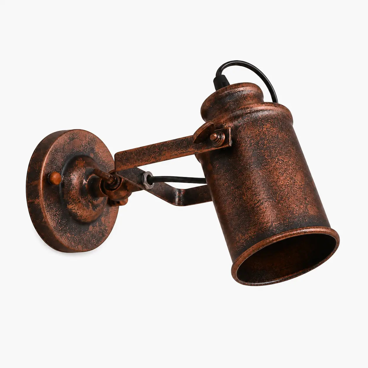 Distressed rust adjustable industrial wall sconce with cylindrical shade on a white background