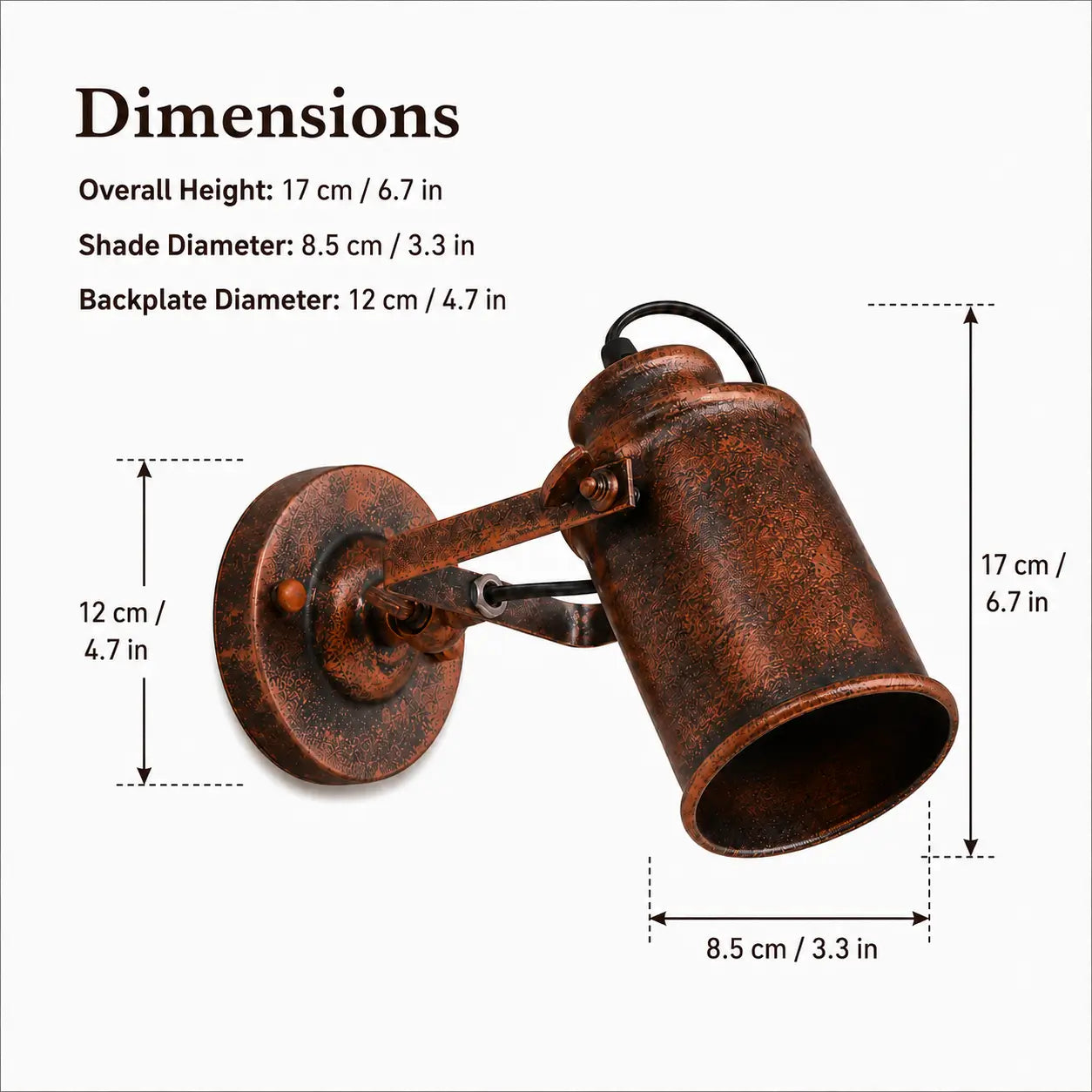 Distressed rust wall sconce dimensions showing 17 cm height, 8.5 cm shade, and 12 cm backplate
