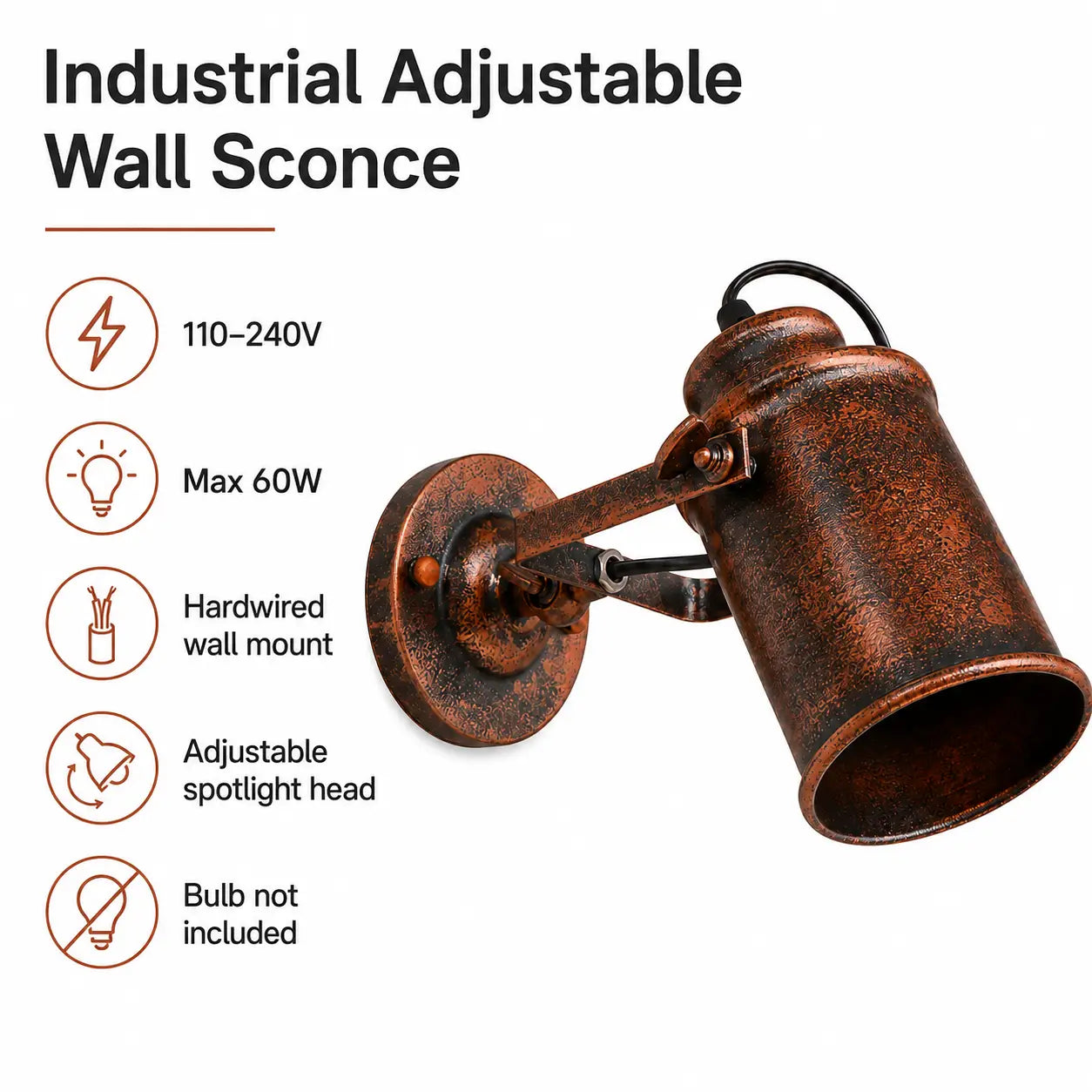 Distressed rust adjustable wall sconce with voltage, wattage, hardwired installation, and bulb information