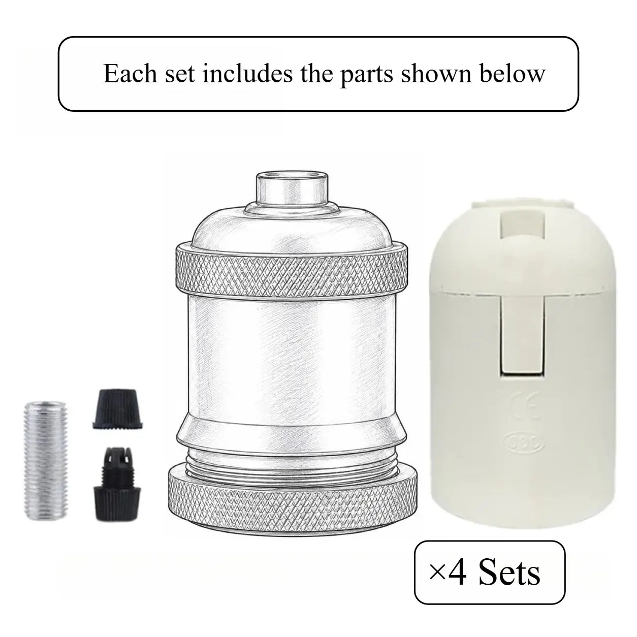 Four-pack contents diagram showing the DIY lamp socket shells, internal PBT cores, threaded tubes, and cord grip components.