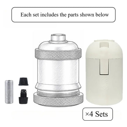 Four-pack contents diagram showing the DIY lamp socket shells, internal PBT cores, threaded tubes, and cord grip components.