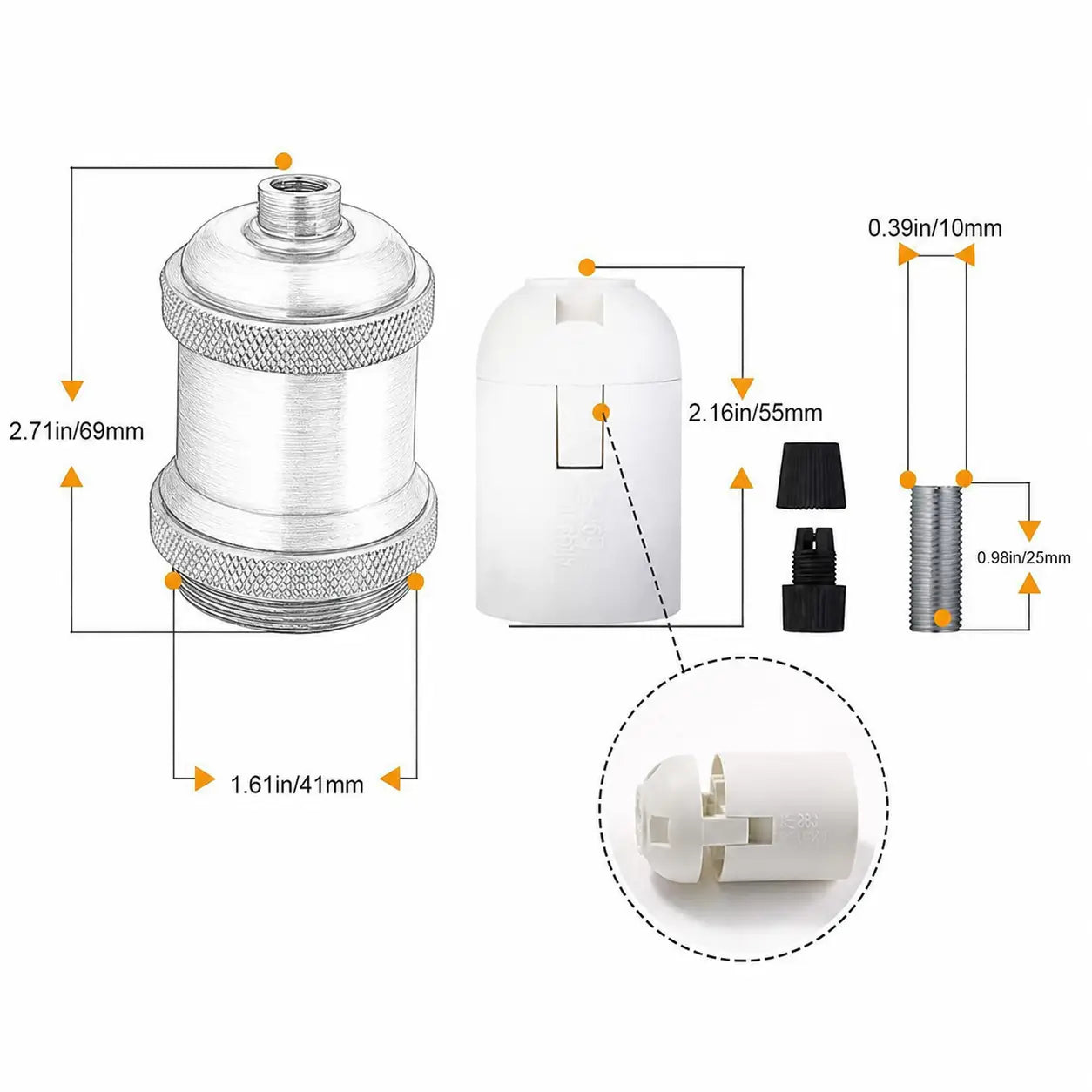 DIY lamp socket dimension chart showing a 69 mm overall height, 41 mm width, 55 mm internal core, and 10 × 25 mm threaded tube.