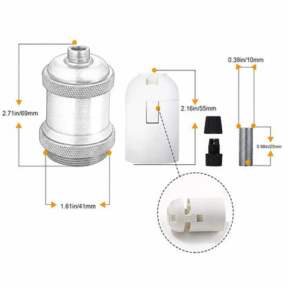 DIY lamp socket dimension chart showing a 69 mm overall height, 41 mm width, 55 mm internal core, and 10 × 25 mm threaded tube.