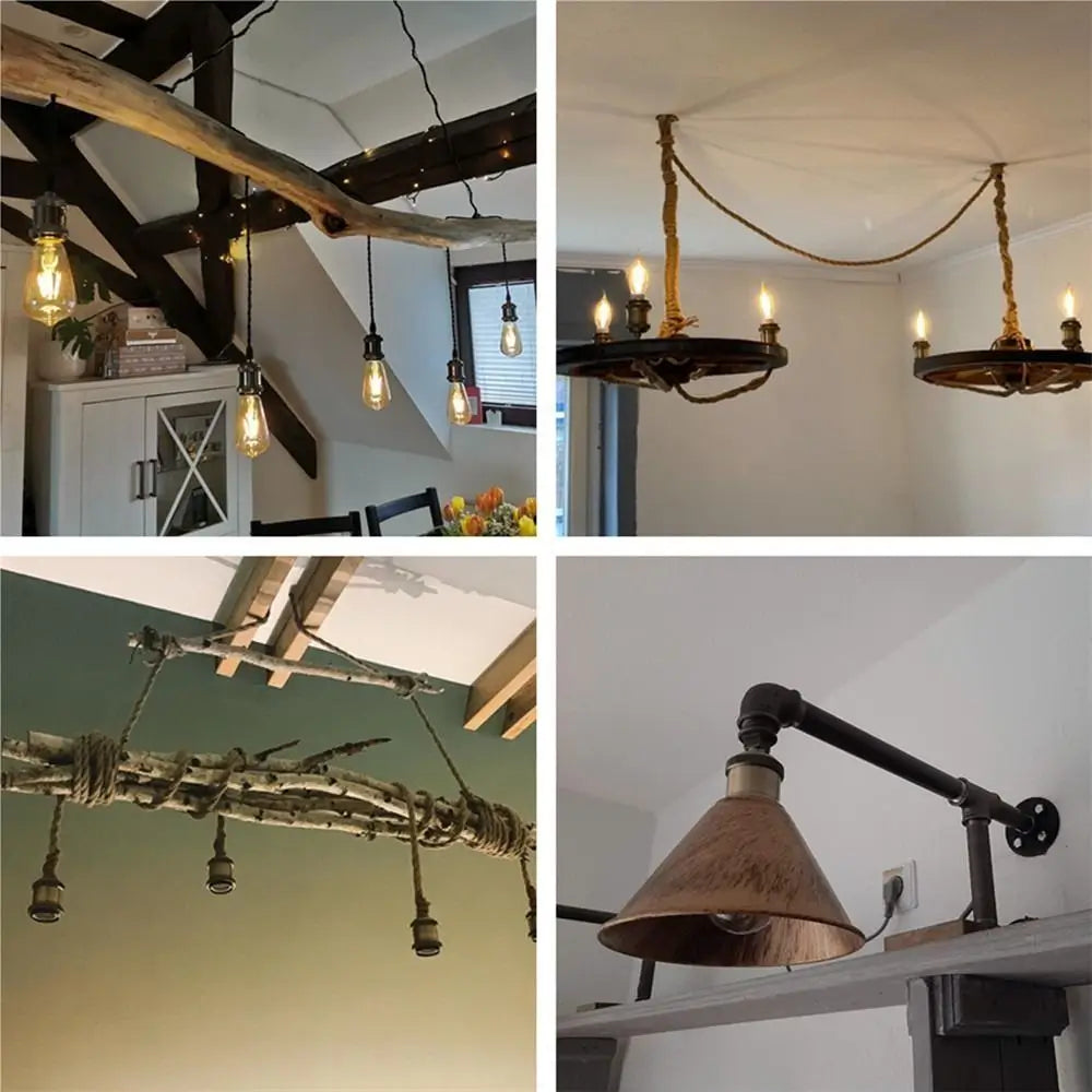 Collage showing exposed-bulb pendants, rope-hung fixtures, chandeliers, and a wall-mounted lamp as DIY lighting project ideas.