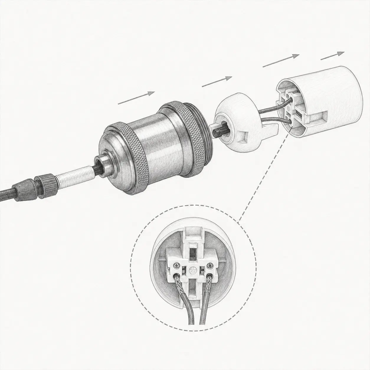 Technical assembly diagram showing the DIY lamp socket shell, internal PBT core, screw terminals, wires, threaded tube, and cord grip.