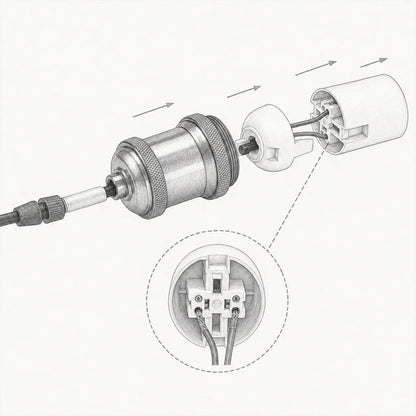 Technical assembly diagram showing the DIY lamp socket shell, internal PBT core, screw terminals, wires, threaded tube, and cord grip.