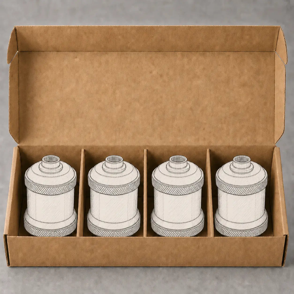 Open cardboard package containing four sketch-rendered DIY lamp sockets separated by individual cardboard dividers.