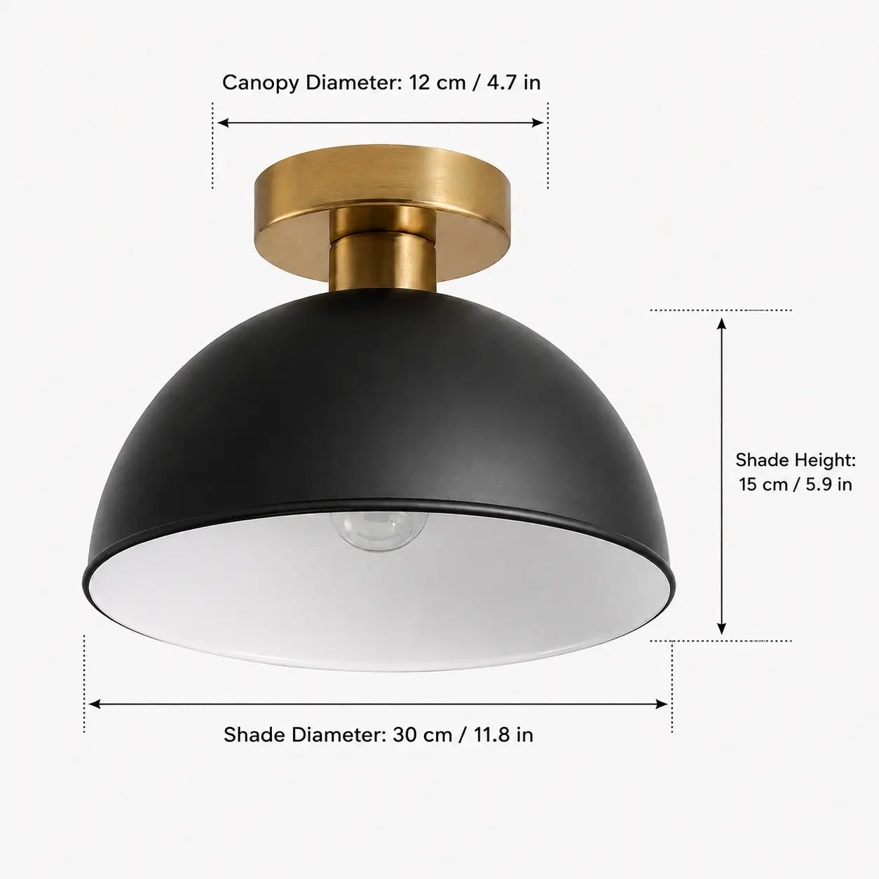 Dimension diagram of a black dome ceiling light showing 11.8 in. shade diameter, 5.9 in. shade height, and 4.7 in. canopy diameter