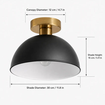Dimension diagram of a black dome ceiling light showing 11.8 in. shade diameter, 5.9 in. shade height, and 4.7 in. canopy diameter