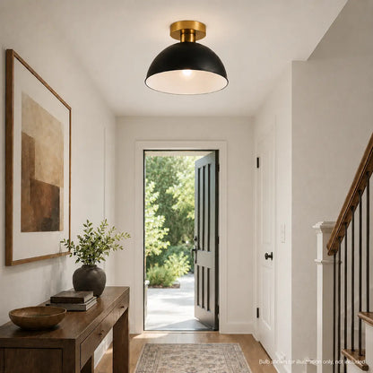 Black dome ceiling light installed in a hallway entryway near a front door