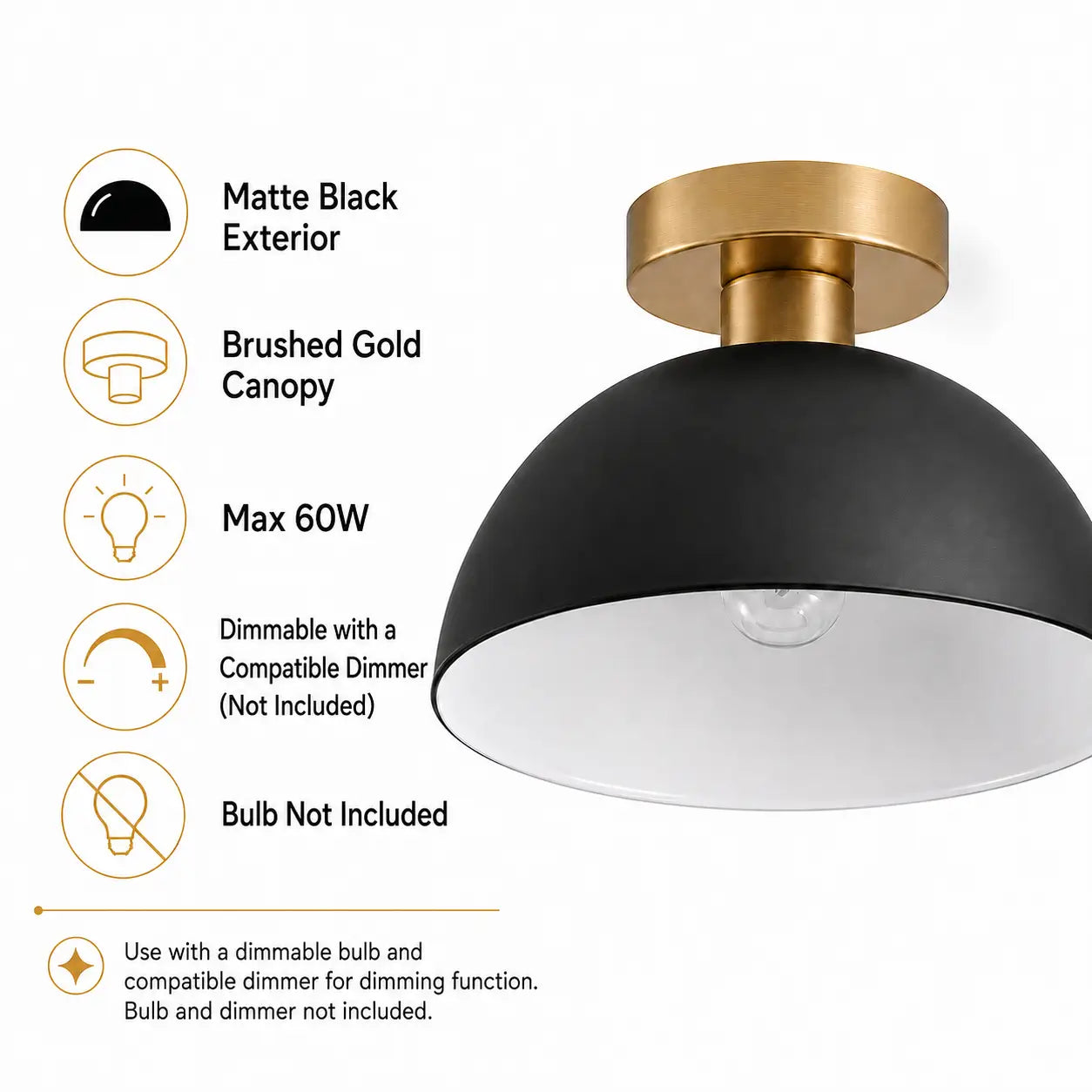 Feature icon graphic listing matte black exterior, brushed gold canopy, max 60W, dimmable with compatible dimmer, and bulb not included