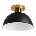 Black dome semi-flush mount ceiling light with a brushed gold canopy on a white background