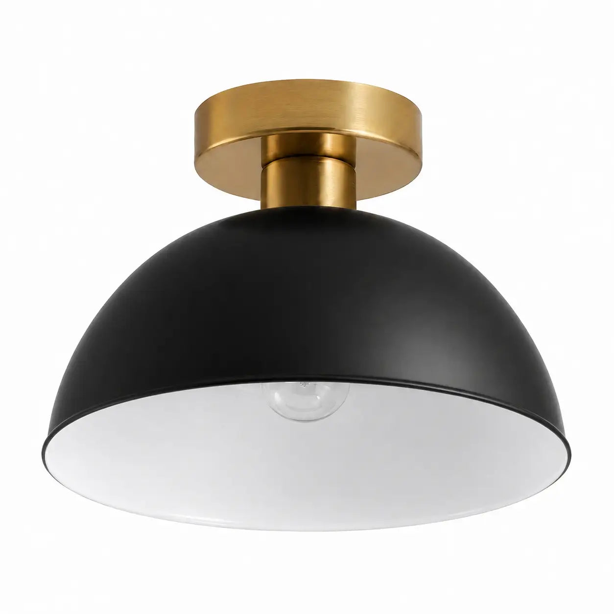 Black dome semi-flush mount ceiling light with a brushed gold canopy on a white background